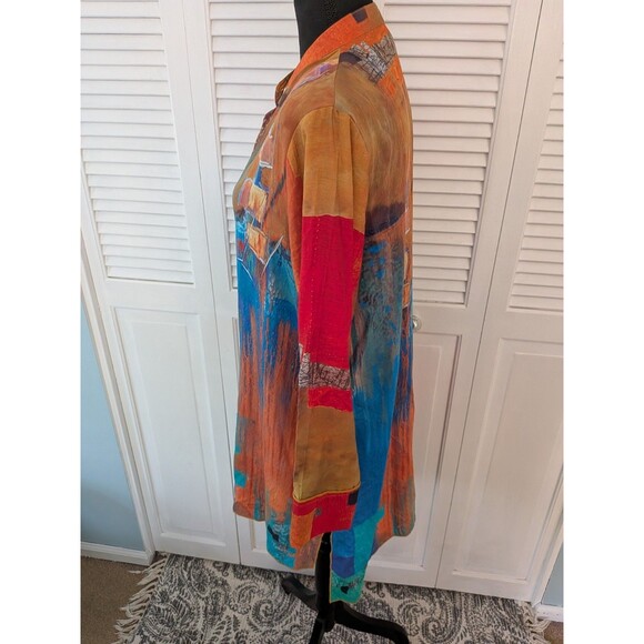 Feratelli Jacket Blouse Womens M Gold Blue Graphic Art to Wear Lagenlook Hi Low - Picture 8 of 13